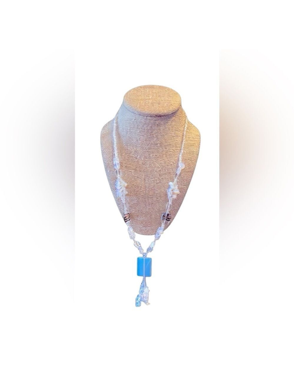 Artisan Glass Bead Necklace Iridescent Gemstone Beads Blue Pendant Tassel Boho